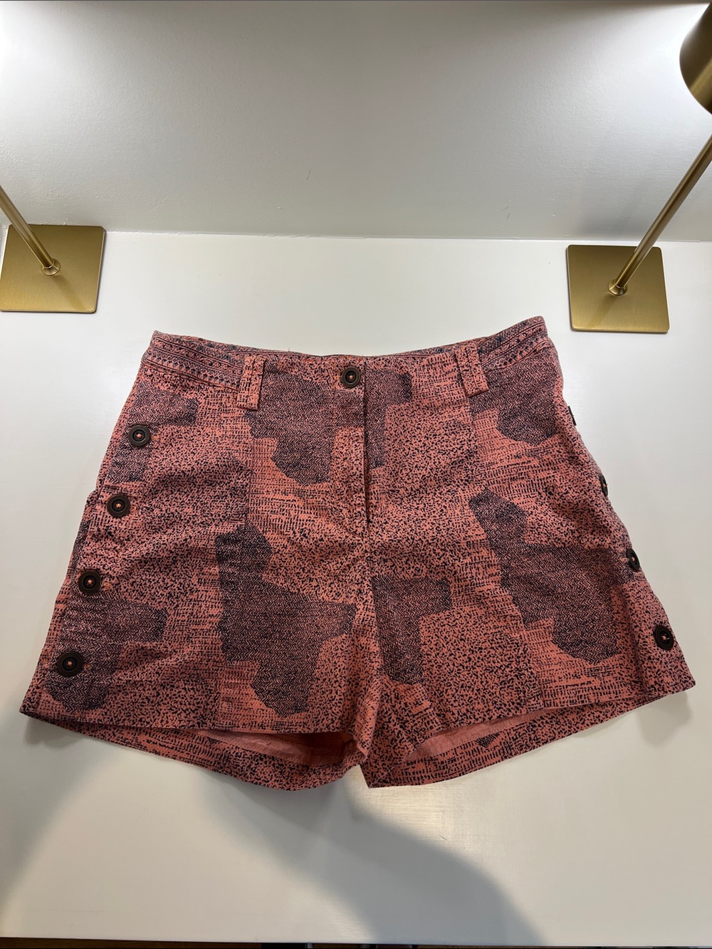 Anthropologie Patterned Coral and Black Button-Accent Shorts